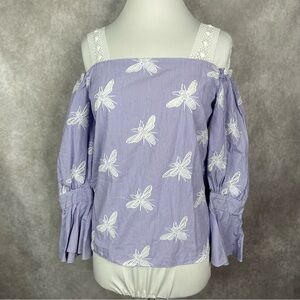 SANDRO Ashley Lace Bee Embroidered Motif Cold-Shoulder Top In Blue Size 1/S‎